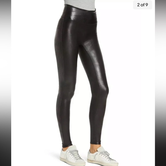 New Spanx Faux Leather glossy Leggings Black compression waistband sz. Medium - Picture 8 of 16